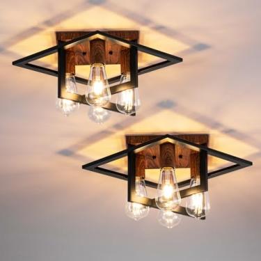 Imagem de fengkeDU Luminária De Teto Estilo Fazenda, 2 Peças, 4 Luzes, Madeira Preta, Industrial, Embutida, Para Corredor, Iluminação Próxima Ao Teto, Para Cozinha, Sala De Estar, Quarto, Hall De Entrada, E2