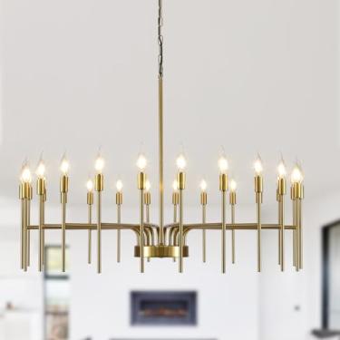 Imagem de LNAGMP Lustre Dourado De 24 Luzes, Grande, Moderno, Estilo Fazenda, Para Sala De Jantar, Luminária, Vela Redonda De 40", Grande, Para Tetos Altos, Sala De Estar, Hall De Entrada