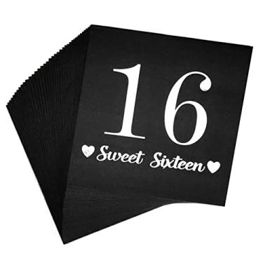 Imagem de 40 peças preto e prata doces dezesseis decorações de aniversário de 16 anos guardanapos de coquetel para meninos e meninas, suprimentos e decorações de lembrancinhas de festa de 16 anos guardanapos de