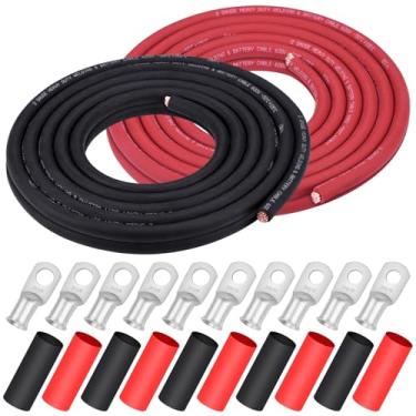 Imagem de iGreely Fio de calibre 2 AWG 6 m preto + bateria de solda ultra flexível vermelha de 6 m, cabo de cobre puro + 5 peças de terminais de cabo de cobre de 5/40.6 cm e 5 peças de conectores de terminal