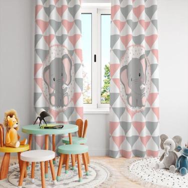 Imagem de Cortina Tecido Oxford Quarto Infantil Elefantinho Cinza e Rosa Escandi