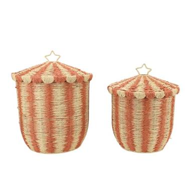 Imagem de Cesta de vime com tampa, 2 peças de cesta de armazenamento de tecido vintage decorativa, caixa de vime redonda, cesto de roupa suja tecido à mão para roupa suja, cobertores