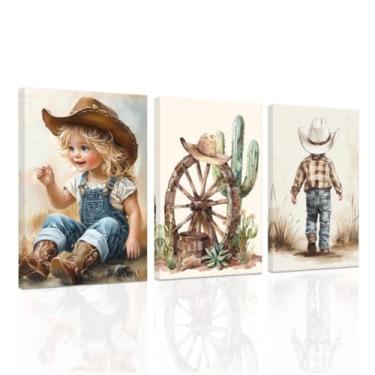 Imagem de ZXHYWYM Conjunto de 3 peças de arte de parede de caubói, pinturas infantis, pinturas em tela, imagens de cacto, meninos ocidentais, meninos, meninas, cactos, decoração de quarto infantil emoldurada