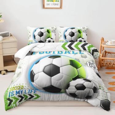 Imagem de AILONEN Jogo de cama solteiro com tema de futebol americano, conjunto de edredom de 3 peças em verde e branco, perfeito para entusiastas de esportes, macio e respirável, 1 colcha e 2 fronhas