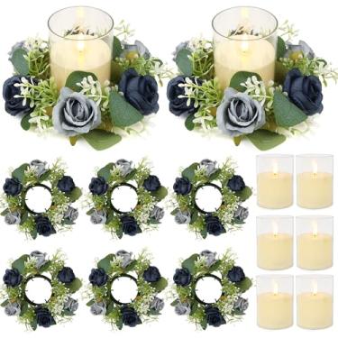 Imagem de ACMEE Anéis de vela rosa com conjuntos de velas sem chamas - 12 peças de flores artificiais eucalipto centro de mesa de casamento porta-velas de 7,6 cm para decoração de festa de casamento (conjunto