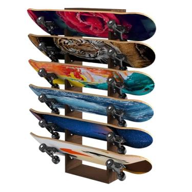 Imagem de Gtouse Suporte de parede para skate, suporte de madeira de 6 níveis, suporte de armazenamento de skate, organizador de exibição de skate, cabide de skate para longboard, deck, skates padrão