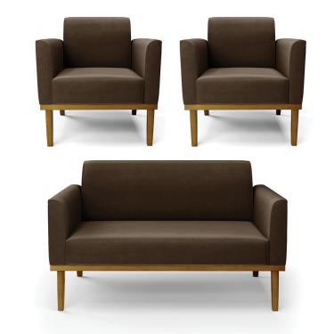 Imagem de Sofá Namoradeira Com 2 Poltronas Base De Madeira Fixa Castanho Marisa Suede Marrom D03 - D?rossi