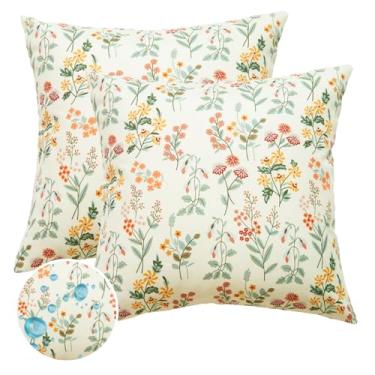 Imagem de Travesseiros florais para ambientes externos à prova d'água para móveis de pátio 45,7 x 45,7 cm, conjunto de 2 capas de almofadas decorativas bege creme para sofá, varanda, cadeira, banco, reversível