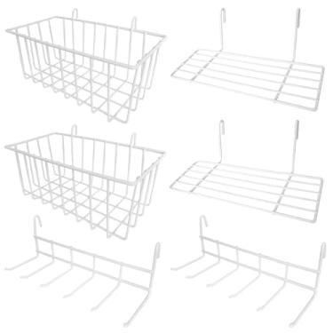 Imagem de 6 ganchos de quadro de pinos para pendurar, kit organizador de ferramentas de aço resistente com 2 cestos pendurados, 2 prateleiras de bandeja e 2 ganchos hexagonais (branco), garagem, oficina e