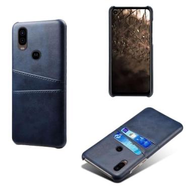 Imagem de Capas Compatível com MOTO One Vision,tampa protetora de couro falso,design de saco de cartão com 2 fendas de cartão atrás,proteção anti-impressão digital e anti-gota-Blue