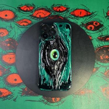 Imagem de Unitvbba Capa de telefone gótica 3D feita à mão com olho de monstro – Ajuste personalizado para todos os modelos de telefone – Exclusivo para fãs de terror, cosplay, amantes da estética escura (verde