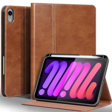 Imagem de Gexmil Capa de couro para iPad mini 7 (A17 Pro) 2024 / iPad mini 6 geração 2021 8,3 polegadas, capa de couro bovino premium com suporte para lápis, suporte ajustável, despertar/hibernar