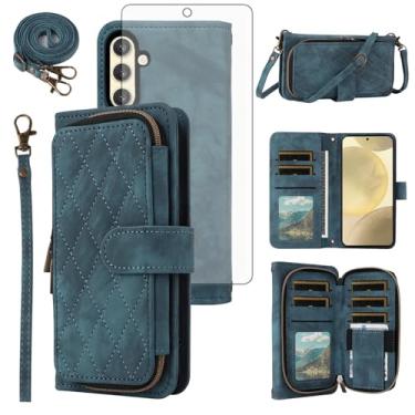 Imagem de Capa de celular para Samsung Galaxy S24/S25 5G carteira celular com protetor de tela de vidro temperado alça transversal alça flip suporte zíper bolsa porta-cartão slot S 24 24S 25 25S G5 SM-S931U