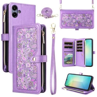 Imagem de Dswteny Capa carteira floral para Samsung Galaxy A06 5G com alça de pulso, alça de ombro, bolsa com zíper, couro PU, suporte para cartão de crédito, acessórios, capa de celular para Ao6 A 06 4G LTE