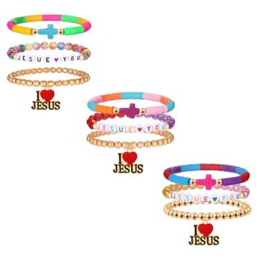Imagem de HEIDKRUEGER 9 pulseiras cruzadas I Love Jesus Pulseiras coloridas com contas para decoração de festa de aniversário de Jesus, 6.5inch L + 3inch Extension chain, Acrílico, Sem Pedra Preciosa