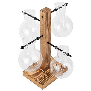 Imagem de Pssopp Vaso de Flor Transparente Hidropônico Com Cultura de Madeira Retro de Madeira para Quartos e Sala de Estar, Material de Vidro de Alto Borossilicato, 4 Garrafas de Vidro e Princípio para