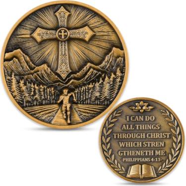 Imagem de Moeda de Desafio Inspirador da Fé Cristã - Ficha do Verso da Bíblia de Filipenses 4:13 - Lembrança portátil de incentivo e presente religioso para batismo, Páscoa, Natal (moeda única)