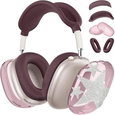 Imagem de [4 em 1] Capa para AirPods Max (2024/2020) Capa para fone de ouvido/capa para fones de ouvido com decoração de estrelas brilhantes para fones de ouvido Apple AirPods Max (Burgundy Star-T)
