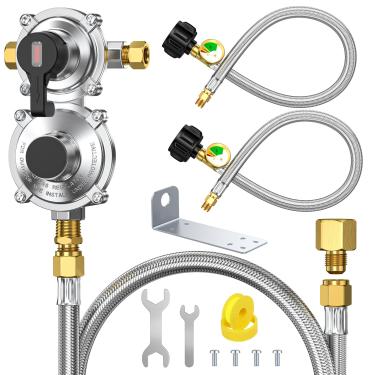 Imagem de Regulador de propano RV 2 tanques mangueiras de 45,7 cm com mangueiras de extensão trançada inoxidável de 122 cm, regulador de gás propano LP de troca manual de 2 estágios com medidor para trailers