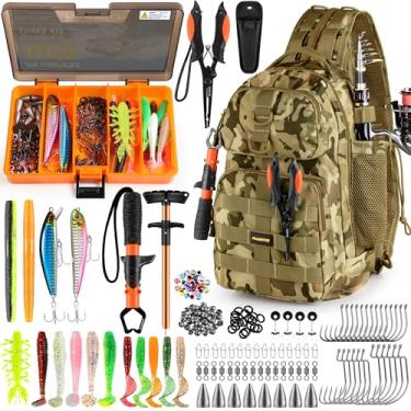 Imagem de PLUSINNO Mochila de pesca com caixas de equipamento, bolsa de pesca impermeável para equipamento de pesca com suporte de vara, presentes de pesca para homens com iscas de pesca, alicates de pesca