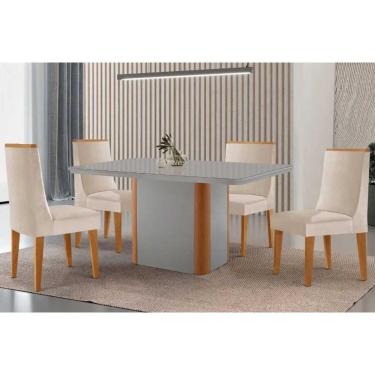 Imagem de Conjunto Sala de Jantar Pietá c/ Tampo Madeirado c/ Vidro Canto Curvo 120x80cm e 4 Cadeiras Dakota Madeira Maciça Naturale/Off White - Suede Creme-Ruf