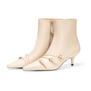 Imagem de Coutgo Bota feminina com fivela e tira no tornozelo, salto baixo, bico fino, Y2K, sapatos de outono com zíper lateral, Bege, 37