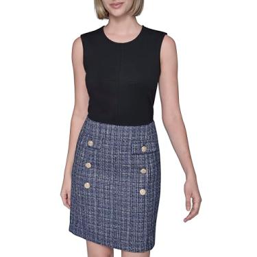 Imagem de Karl Lagerfeld Paris Vestido feminino de tweed texturizado evasê, Preto/Azul Multi, 42