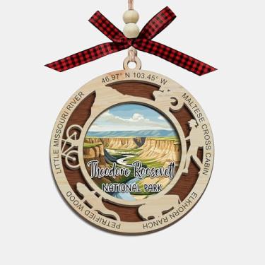 Imagem de Lerime66 Enfeite de Natal do Parque Nacional Theodore Roosevelt, design de corte a laser de madeira de 2 camadas, decoração de árvore de férias, presente de lembrança de viagem, memória Badlands e