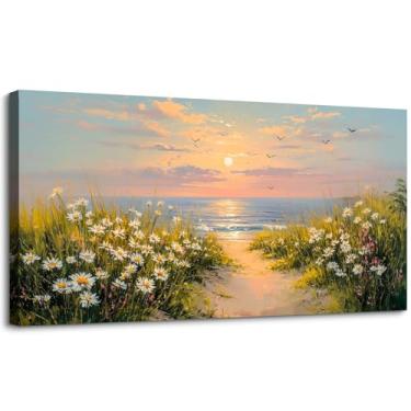 Imagem de SLYCAY Impressões de arte de parede em tela grande, decoração de pintura de margaridas costeiras, pinturas de impressão de paisagem do pôr do sol do oceano, decoração de parede de flores silvestres à