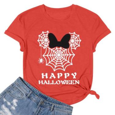 Imagem de Camiseta feminina MNLYBABY Happy Halloween com teia de aranha laranja