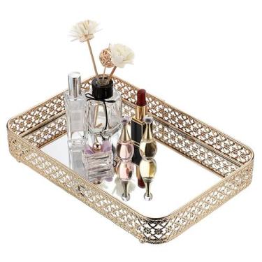 Imagem de Bandeja de vaidade ELLDOO em vidro esculpido oco e metal dourado 30x20