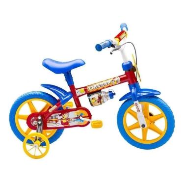 Imagem de Bicicleta infantil Nathor Fireman aro 12 freio tambor cor vermelho/azul/amarelo com rodas de treinamento