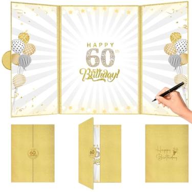 Imagem de FREXISYN Decorações de festa de aniversário douradas, livro de visitas feliz aniversário assinatura alternativa livro de visitas para homens mulheres felicitações para 60 anos presentes placa cartão