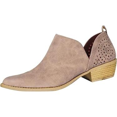 Imagem de Botas de cano curto femininas bico redondo sem cadarço corte V botas curtas cor sólida botas de salto baixo grosso botas de couro, Cáqui, 38 BR