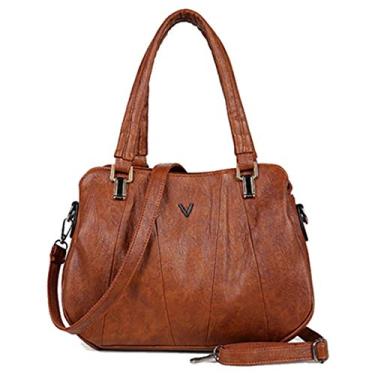 Imagem de Bigfanshu Bolsas femininas retrô de couro com três camadas de bolso, bolsa carteiro, bolsa de ombro luxuosa, bolsa casual moderna, Marrom, 29cm 14cm 23cm