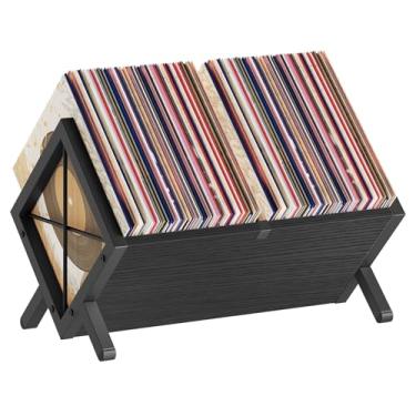 Imagem de YATINEY Suporte para discos de vinil, comporta 80-100 LPs, exibição de discos de vinil de madeira e metal, organizador de discos de montagem rápida para CDs, livros, álbuns, preto CJ06BB