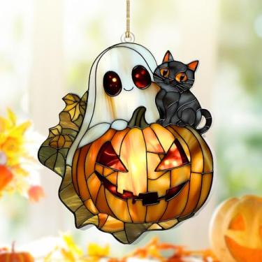 Imagem de Cata-sol fantasma abóbora gato – janela de vitral de Halloween – fantasma fofo segurando abóbora com gato preto – pequena decoração de Halloween para carro, mesa, planta ou decoração de livros