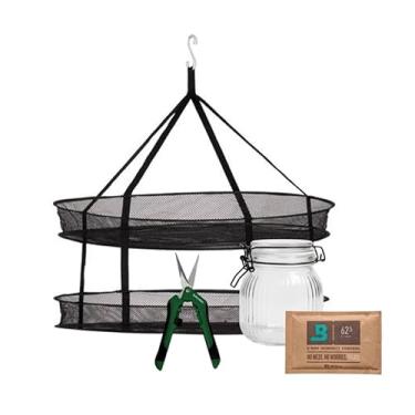 Imagem de Kit de Secagem e Cura leds indoor: Cesta de Secagem 2 andares + Tesoura Ponta Curva + Pote Hermético 600ml + Boveda 62%