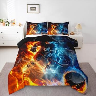 Imagem de Conjunto de edredom casal, jogador de hóquei no gelo, vermelho, azul, esportes de inverno, jogos, jogos competitivos, trabalho em equipe, hobby de atividades, decoração para todas as estações