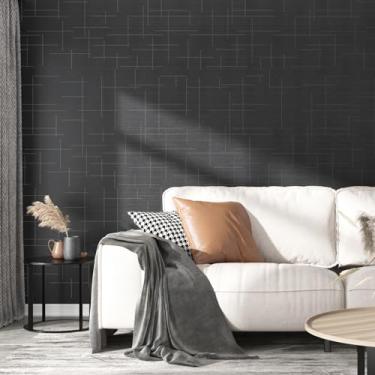 Imagem de Yullpaper Papel de parede preto sintético de tecido de linho, papel de parede escuro à prova d'água moderno listrado texturizado papel de parede 61 cm x 299 cm pano de grama preto autoadesivo armário