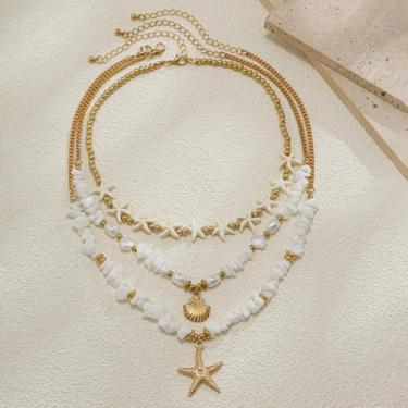 Imagem de Colar feminino de estrela-do-mar, concha em camadas, 3 camadas, boho, praia, gargantilha ajustável, joia de verão