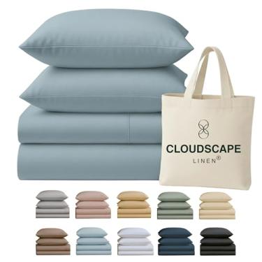 Imagem de Conjunto de lençóis King Size Cloud Scape Linen 400 fios - 100% algodão egípcio, macio, durável e respirável, bolso profundo de até 41 cm, azul francês