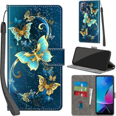 Imagem de Capa carteira para Motorola Moto G Play 2023, com [3 compartimentos para cartões], fecho magnético com suporte, capa protetora flip de couro PU à prova de choque 16,5 cm, borboleta verde dourada