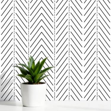 Imagem de Fiula Papel de parede preto e branco linha preta geométrica papel de parede autoadesivo moderno papel de contato removível para locatário cobertura de quarto de banheiro 44 x 998 cm