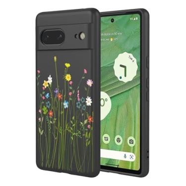 Imagem de OEURVQO Capa artística para Google 7, capa de silicone líquido de toque macio com forro fofo, compatível com carregamento sem fio, capa protetora para Google Pixel 7, flor silvestre preta