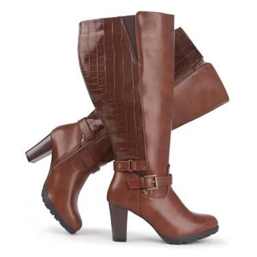 Imagem de Chicblooms Botas femininas plus size extra largas de salto alto com fivela no tornozelo, Marrom - PU, 39
