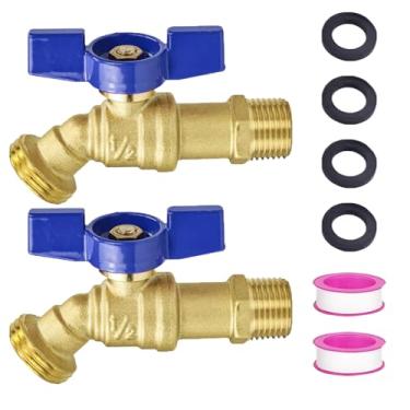 Imagem de TMOK Torneira externa de 1/4 de volta - mangueira de latão torneira de jardim com entrada MIP de 1/5.1 cm, saída MHT de 3/10.2 cm, fita de teflon e arruelas incluídas, resistente ao gelo e à prova de