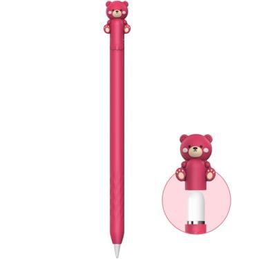 Imagem de NIUTRENDZ Capa de silicone de urso fofo para Apple Pencil - Capa protetora ultrafina, capa antiderrapante (urso rosa morango, USB-C)