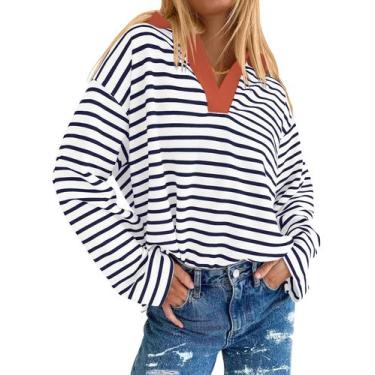 Imagem de Camisa AKEWEI com gola listrada com decote em V e manga comprida para 