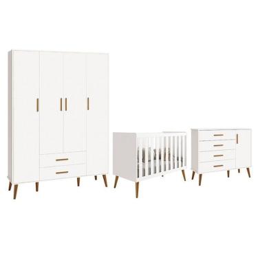 Imagem de Dormitório Infantil Isis Guarda Roupa 4 Portas, Cômoda 1 Porta E Berço Branco - Reller Móveis Branco